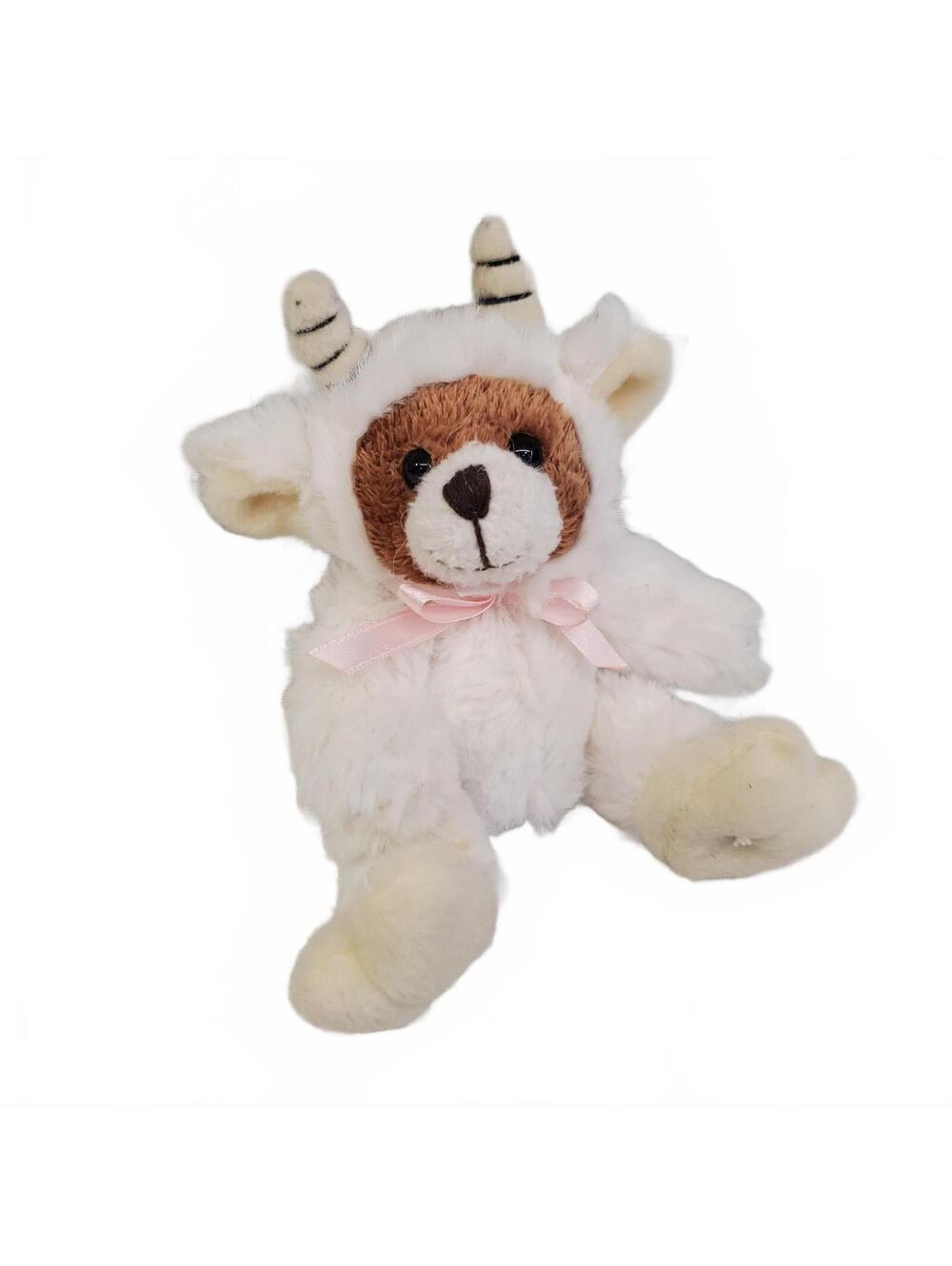 Manleys white plush bear with horns and pink ribbon 6"